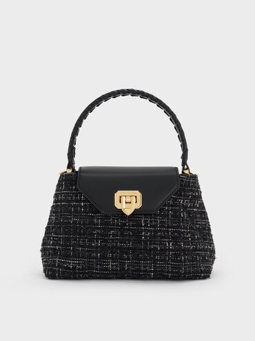 Arwen Tweed Quilted Top Handle Bag, Black Tweed, hi-res