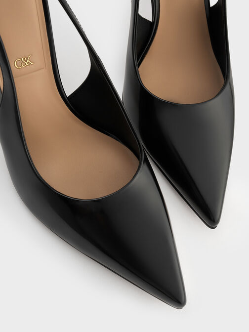 Leather Slingback Stiletto Pumps, Black Boxed, hi-res