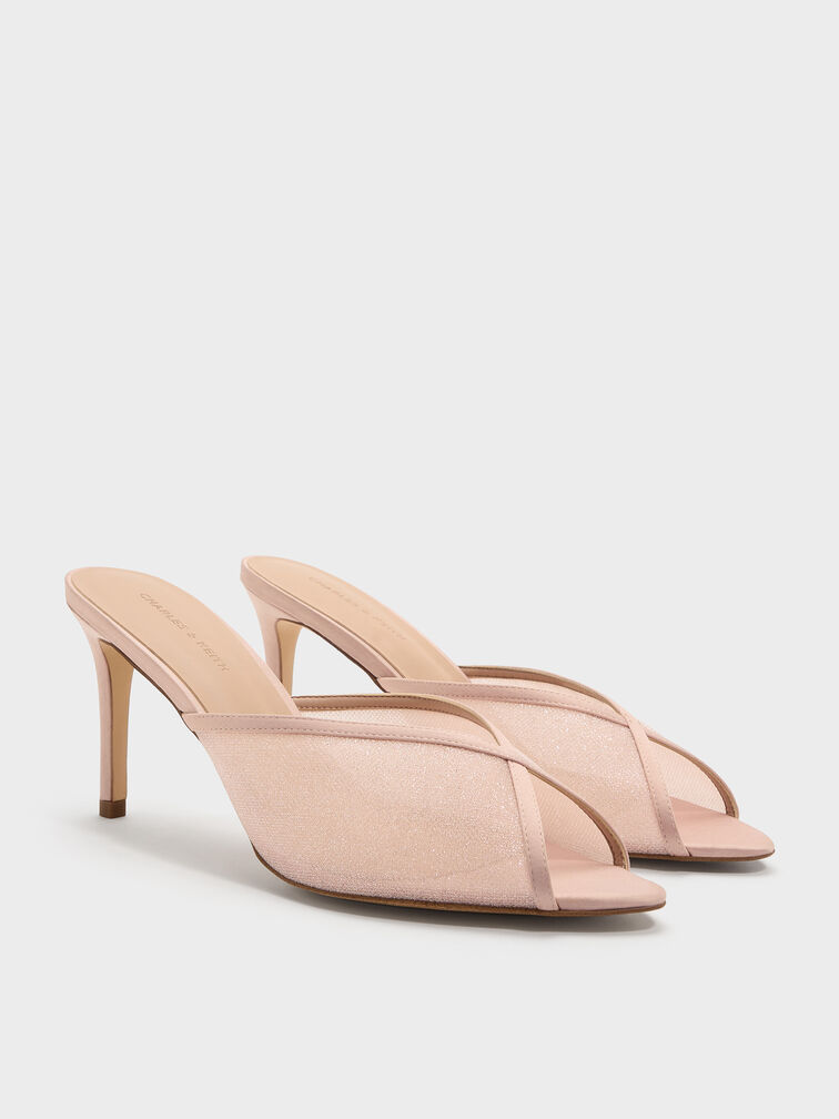 حذاء ميول بكعب ومقدمة مفتوحة من القماش الشبكي اللامع, وردي, hi-res