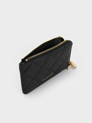 محفظة "آرييتي" مبطنة بتطريز ومزود بقطعة جمالية على شكل قلب وفيونكة بسحاب إغلاق بطول المحفظة, أسود, hi-res