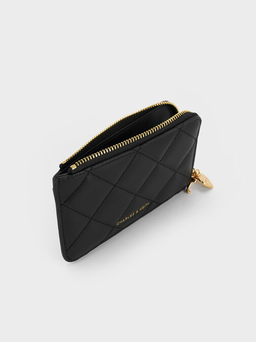 محفظة "آرييتي" مبطنة بتطريز ومزود بقطعة جمالية على شكل قلب وفيونكة بسحاب إغلاق بطول المحفظة, أسود, hi-res