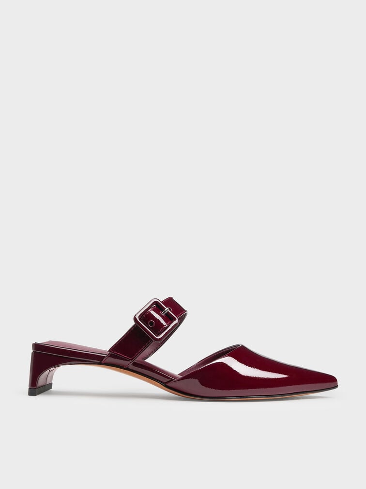 Patent Buckle-Strap Heeled Mules, Burgundy, hi-res