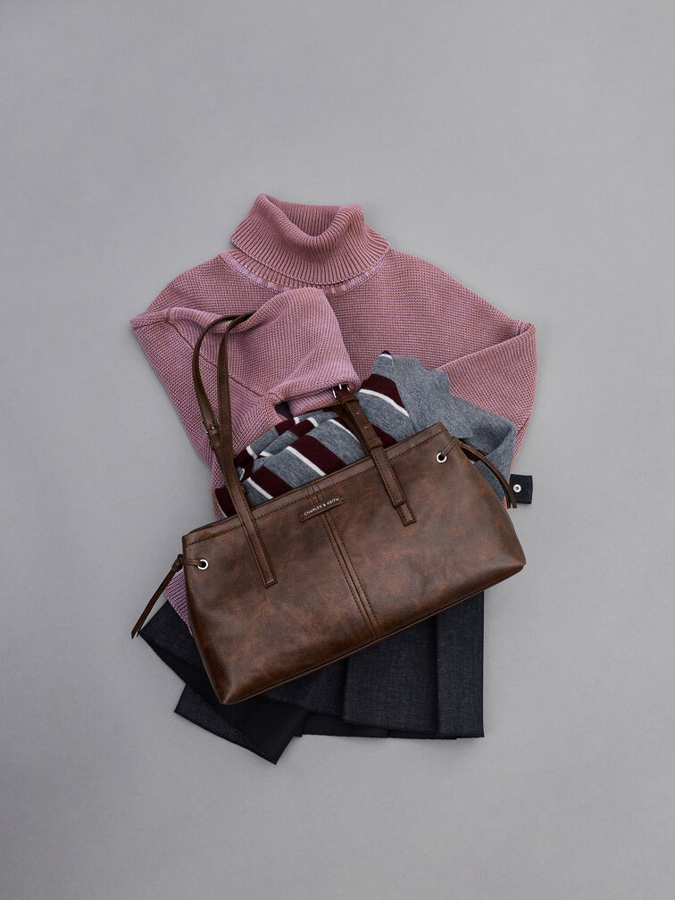 Noane Elongated-Handle Shoulder Bag, Distressed Coffee, hi-res