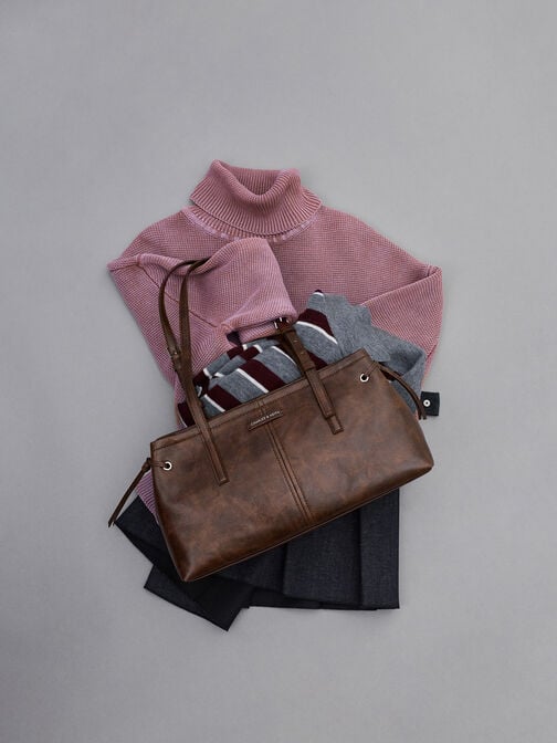 Noane Elongated-Handle Shoulder Bag, Distressed Coffee, hi-res