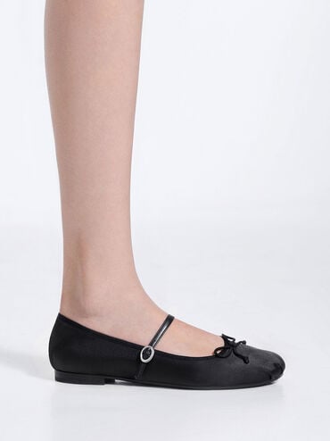 Emiko Satin Bow Mary Jane Flats, Black, hi-res