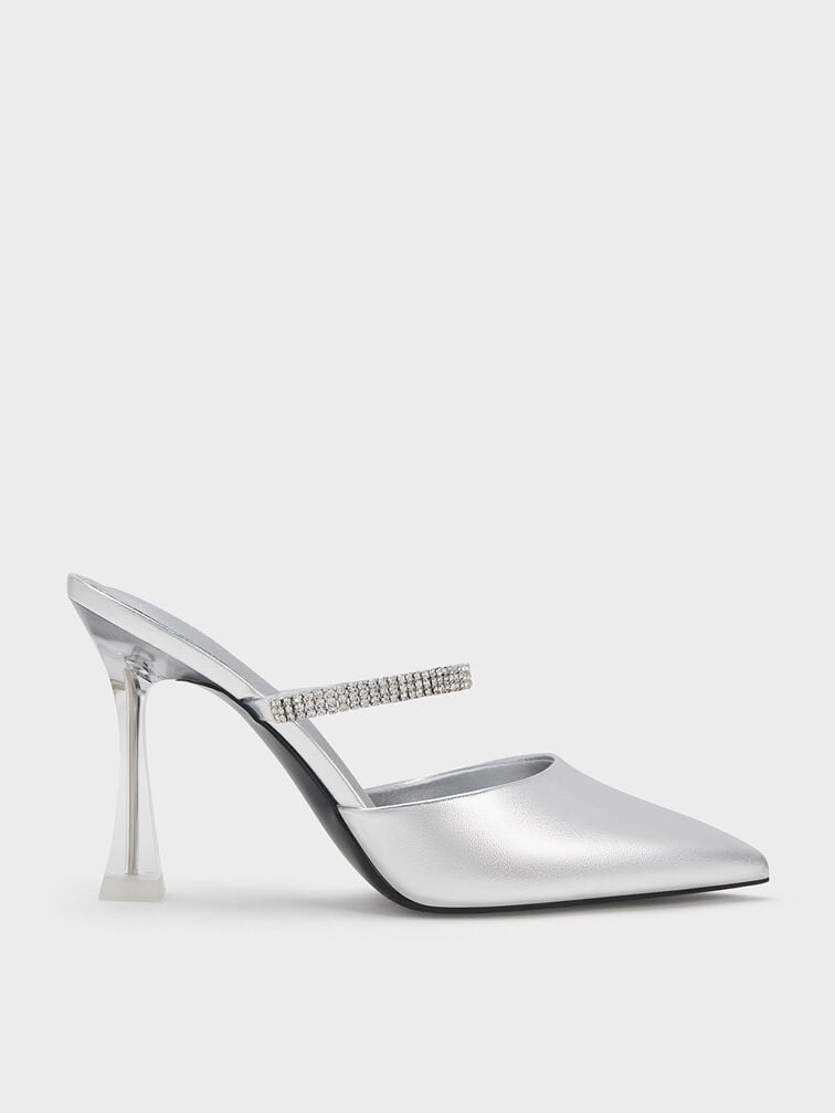 Gem Strap Metallic Mules, Silver, hi-res