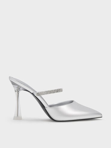 Gem Strap Metallic Mules, Silver, hi-res