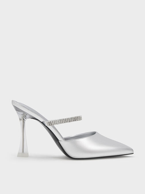 Gem Strap Metallic Mules, Silver, hi-res