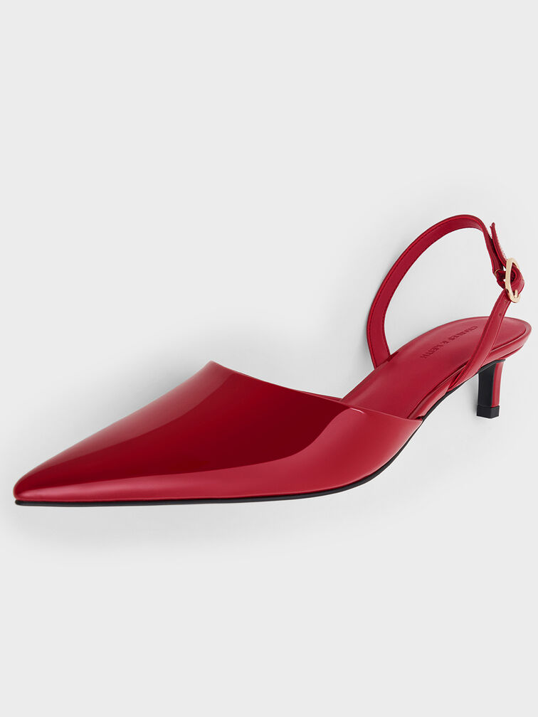 حذاء سلينجباك مفتوح الظهر بكعب كيتن ومقدمة مدببة ومظهر لامع, أحمر, hi-res