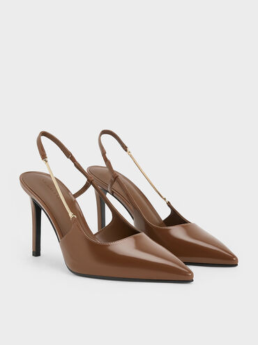 حذاء سلينجباك مفتوح الظهر بكعب عالٍ ومقدمة مدببة وحزام على شكل سلسلة, بنى, hi-res