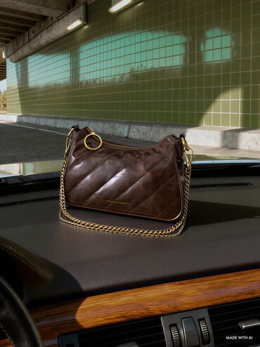 حقيبة كروس فيلومينا بلمسة مجعدة مزينة بسلسلة معدنية, بني مطفي, hi-res