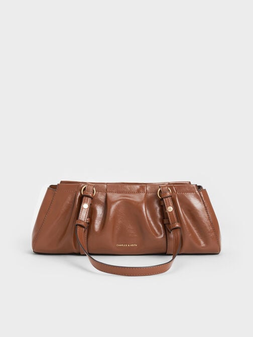 Britton Ruched Elongated Shoulder Bag, Chocolate, hi-res