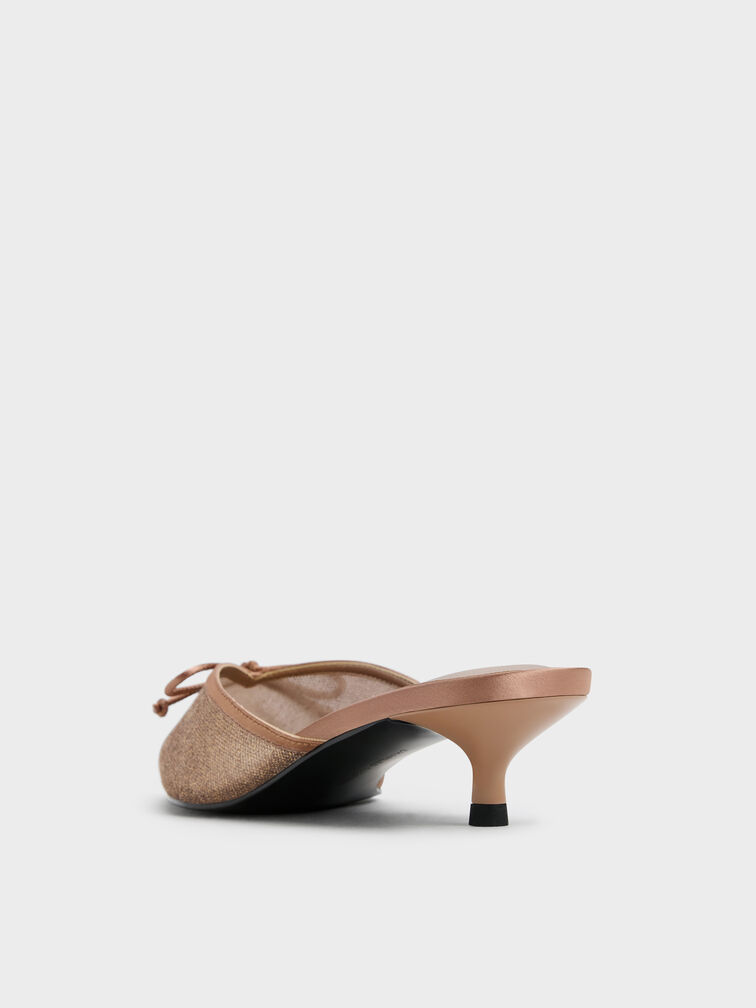 Glittered Mesh Bow Kitten Heels, Brown, hi-res