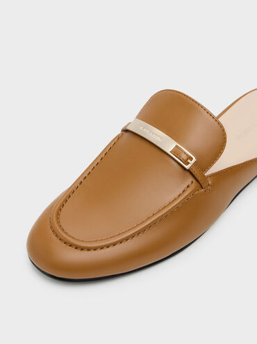 Metallic-Bar Loafer Mules, Cognac, hi-res