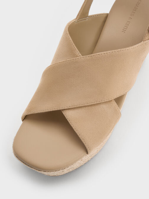 Faux Suede Crossover Espadrille Wedges, Sand, hi-res