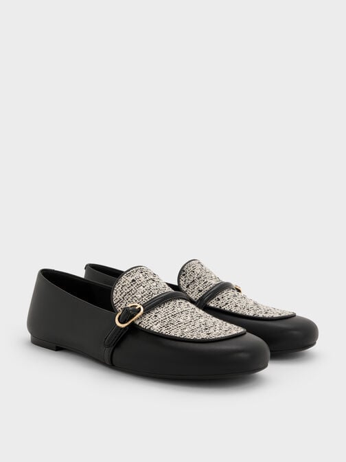 Tweed Two-Tone Buckle-Strap Loafers, Multi, hi-res