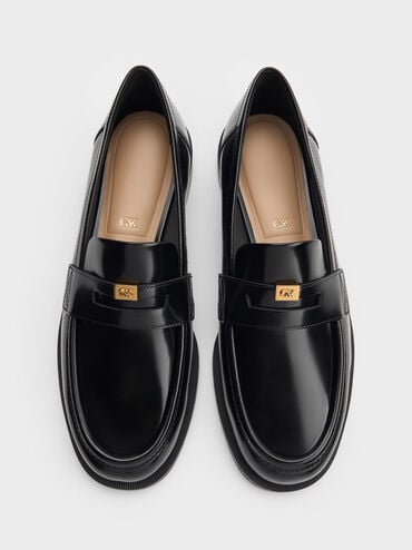 Georgina Leather Metallic-Accent Penny Loafers, Black Boxed, hi-res