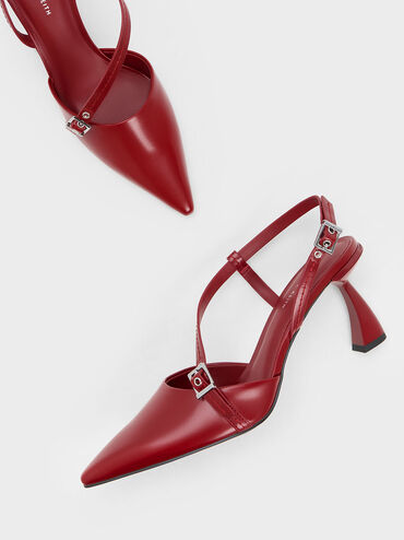 Asymmetric Curved Heel Slingback Pumps, Red, hi-res