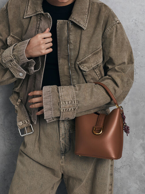 Gabine Leather Belted Top-Handle Bucket Bag, Chocolate, hi-res