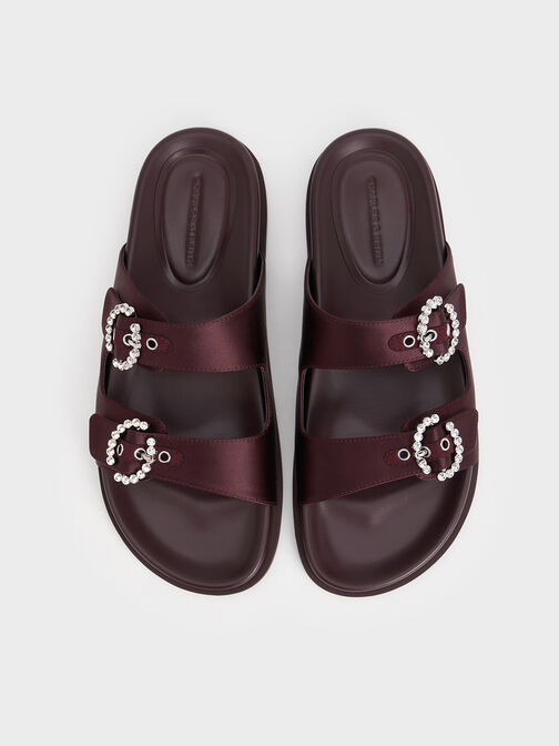 Recycled Polyester Embellished Buckle Sandals, Burgundy, hi-res
