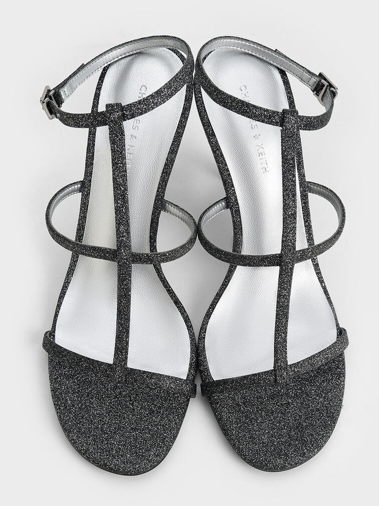 صندل بشريط كاحل على شكل حرف T بارز لامع, أسود خشن, hi-res