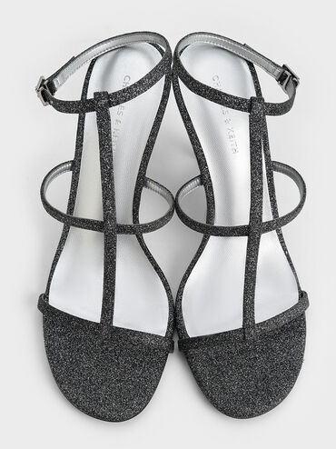 صندل بشريط كاحل على شكل حرف T بارز لامع, أسود خشن, hi-res