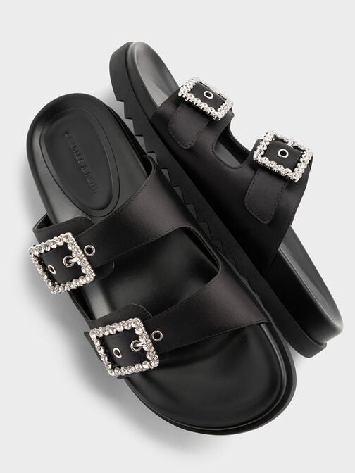 صندل بحزام مزدوج من البوليستر المعاد تدويره مع إبزيم مرصع, أسود خشن, hi-res