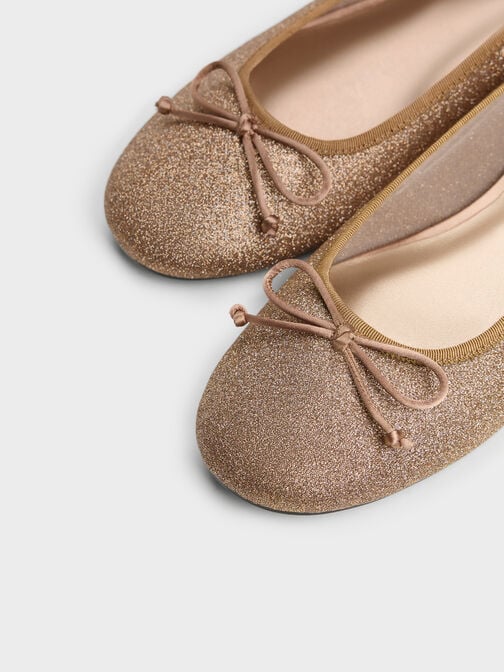 Glittered Mesh Bow Ballet Flats, Brown, hi-res