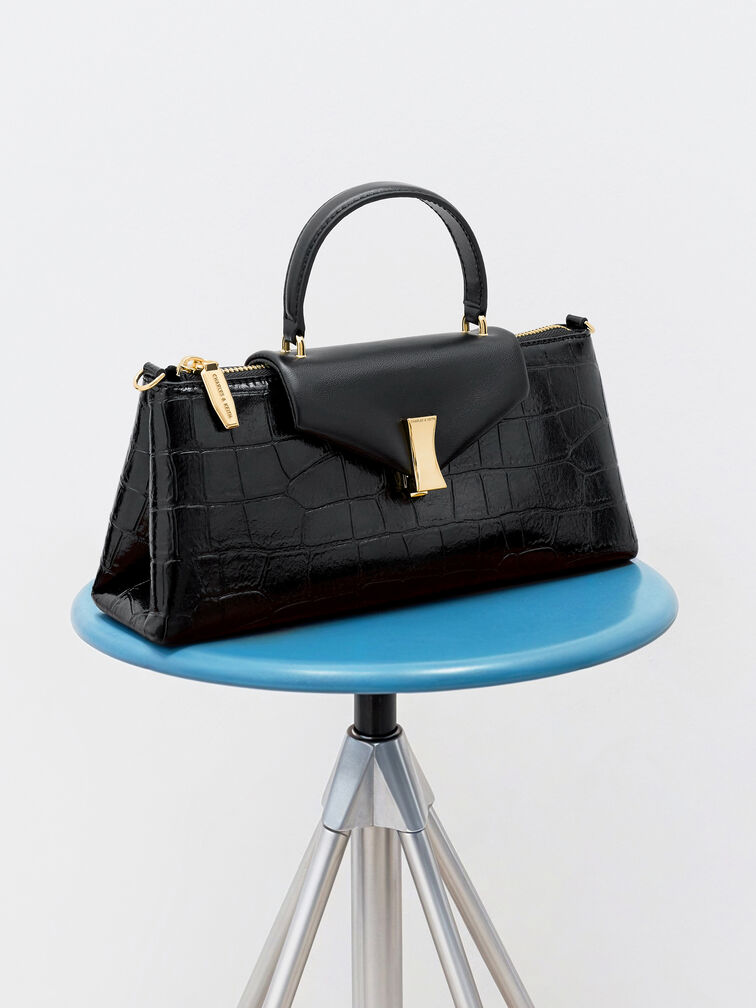 Lilibet Croc-Effect Elongated Top Handle Bag, Black, hi-res