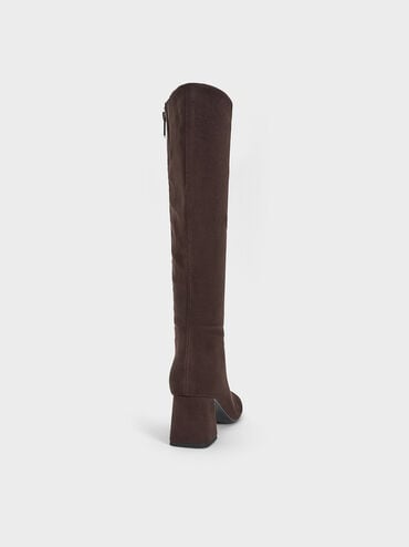 Faux Suede Square-Toe Knee-High Boots, Dark Brown Textured, hi-res