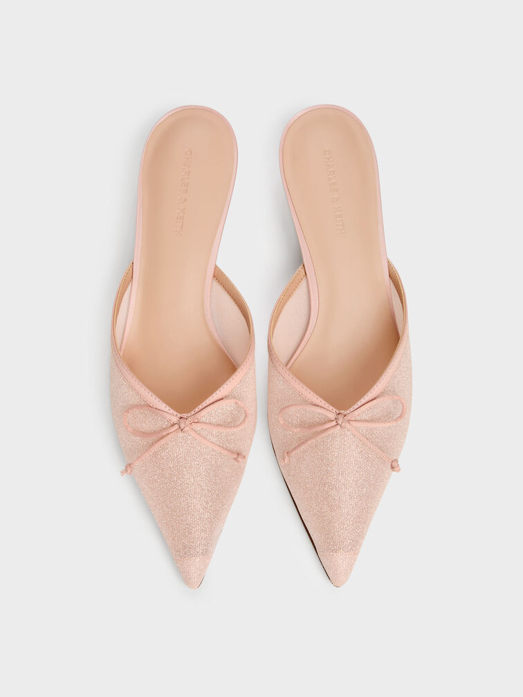 حذاء بكعب قصير وفيونكة من القماش الشبكي اللامع, وردي, hi-res