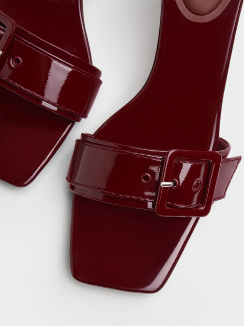 Patent Buckle-Strap Heeled Mules, Burgundy, hi-res