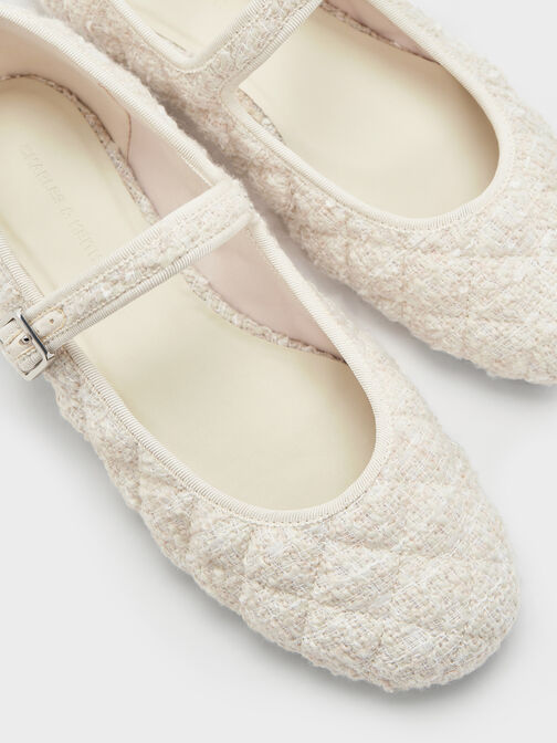 Carmel Tweed Quilted Mary Jane Flats, White, hi-res