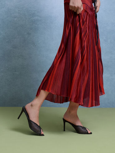 حذاء ميول بكعب ومقدمة مفتوحة من القماش الشبكي اللامع, أسود خشن, hi-res