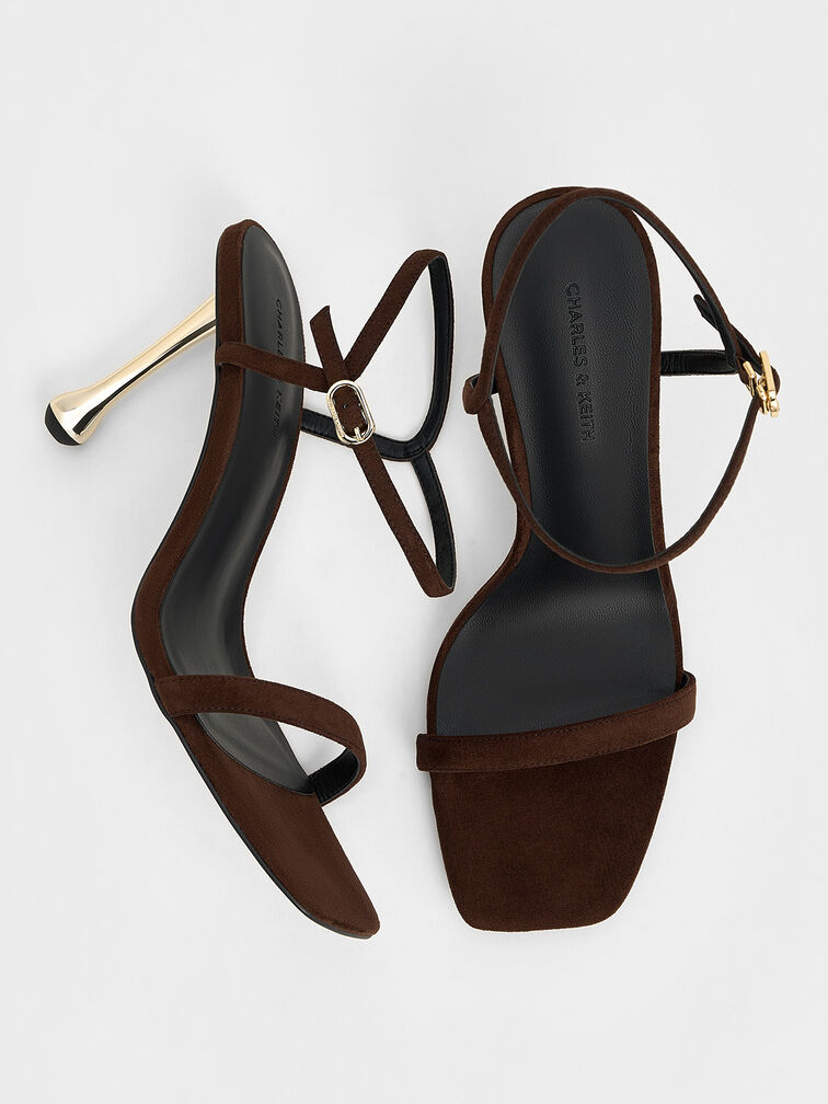 Faux Suede Sculptural-Heel Ankle-Strap Sandals, Dark Brown, hi-res