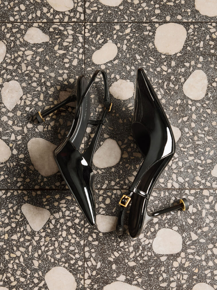Wynn Patent Pointed-Toe Sculptural-Heel Slingback Pumps, Black Patent, hi-res