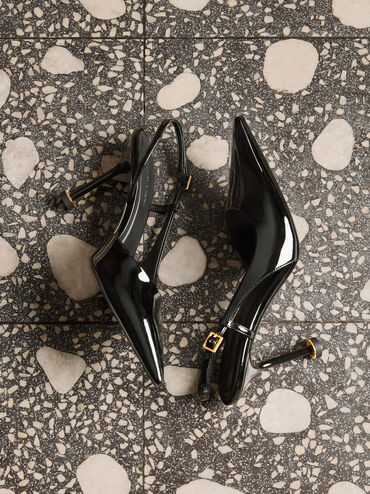 Wynn Patent Pointed-Toe Sculptural-Heel Slingback Pumps, Black Patent, hi-res