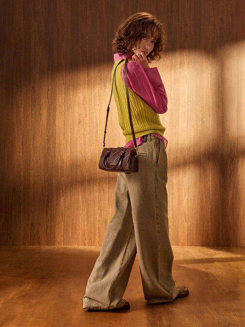 Philomena Panelled Chain-Handle Bowling Bag, Distressed Coffee, hi-res