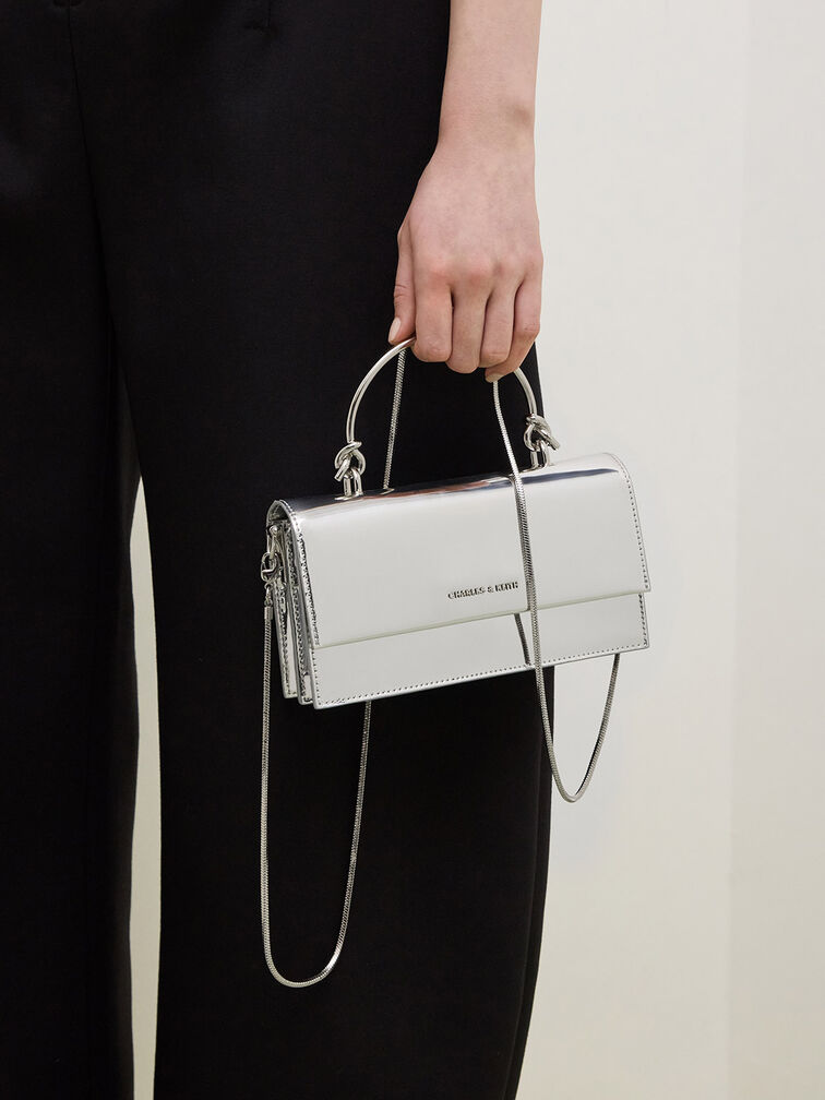 Kristine Metallic Sculptural-Handle Long Wallet, Silver, hi-res