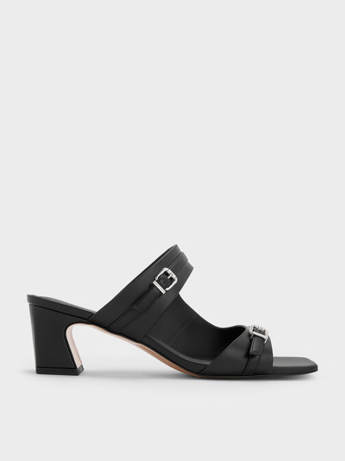 Buckled Double-Strap Heeled Mules, Black, hi-res