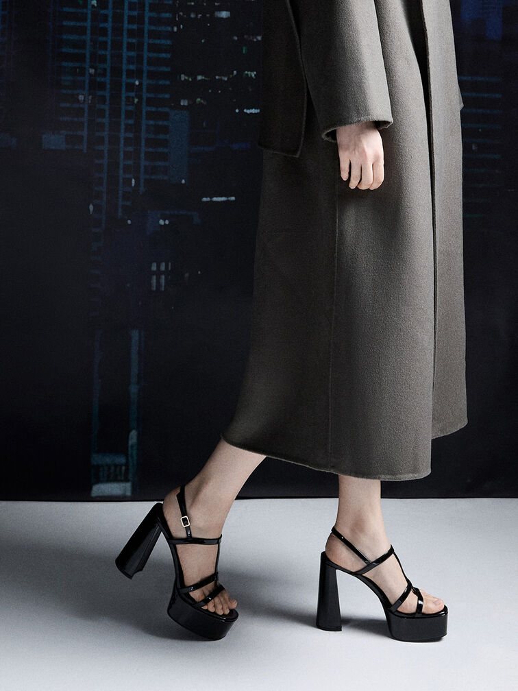 Patent T-Bar Strappy Platform Sandals, Black Patent, hi-res