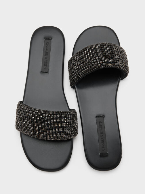 Faux Suede Crystal-Embellished Slide Sandals, Black Textured, hi-res