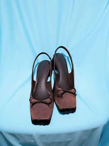 Sadira Satin Bow Square-Toe Slingback Pumps, Dark Brown, hi-res