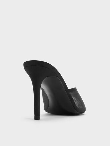 حذاء ميول بكعب ومقدمة مفتوحة من القماش الشبكي اللامع, أسود خشن, hi-res