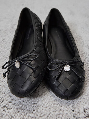 حذاء باليه إيڤيت مسطح منسوج ومزين بفيونكة, أسود, hi-res