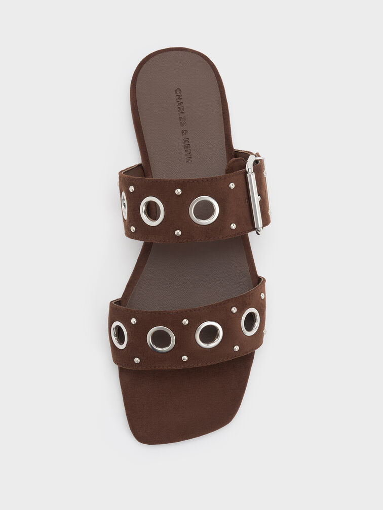 Faux Suede Grommet Buckled Slides, Dark Brown Textured, hi-res