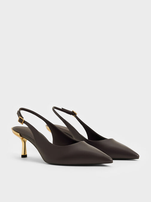 حذاء مفتوح من الخلف بكعب القطة الكلاسيكي ولمعة معدنية, بني داكن, hi-res