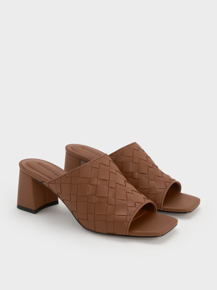 Ivette Woven Square-Toe Heeled Mules, Caramel, hi-res