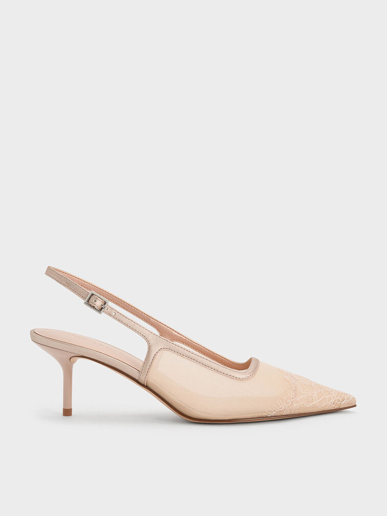 Mesh & Lace Pointed-Toe Slingback Pumps, Nude, hi-res