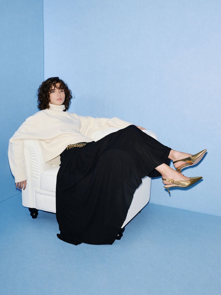 حذاء جايس مفتوح من الخلف مصنوع من الجلد بكعب قصير (كيتنز), ذهبي, hi-res